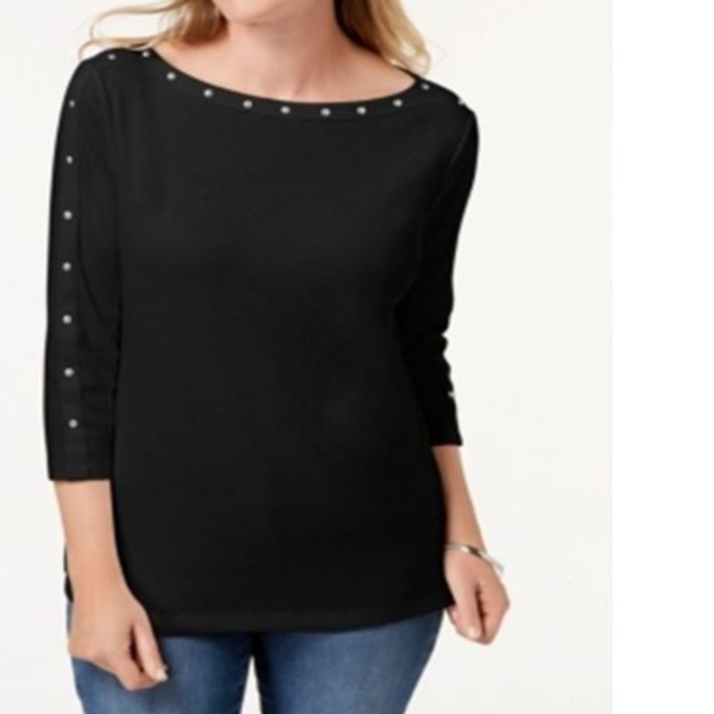Karen Scott Studded Top Boat Neck 3/4 Sleeve Knit Shirt Black‎ Petite Small NWT